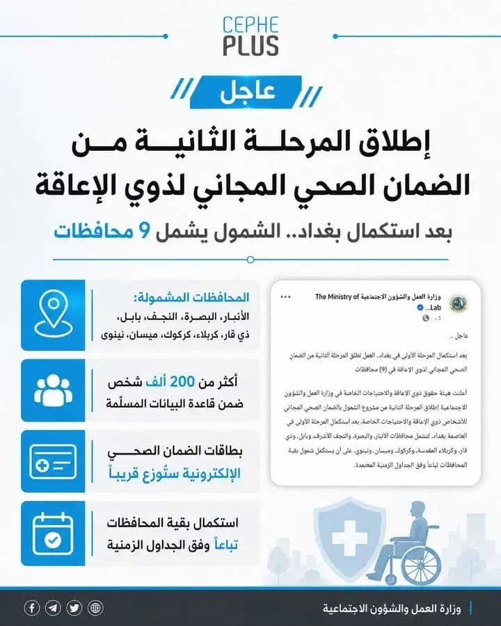 الضمان الصحي المجاني يتوسع إلى 9 محافظات… وكركوك ضمن المرحلة الثانية.
