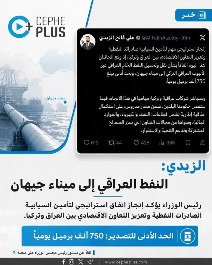 750 ألف برميل يومياً عبر جيهان… اتفاق يعزّز مسار صادرات النفط العراقي.